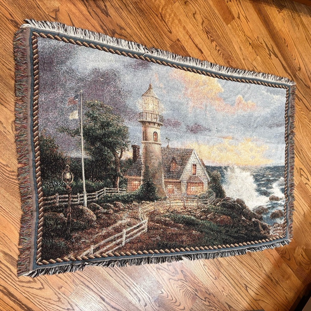 Thomas Kinkade A Light in the Storm Woven Tapestry Throw Blanket Fringed 45x65